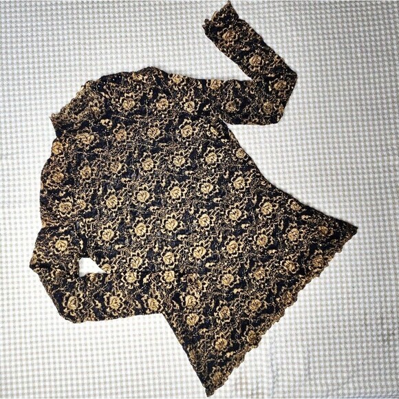 Reba Sheer Mesh Black & Metallic Gold High Collar Button Neck Long Sleeve Bouse - Picture 3 of 12